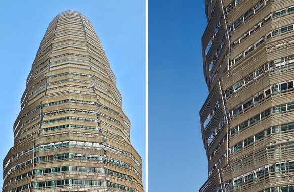 郑州“玉米棒子”由SOM建筑事务所设计,将成为郑州的新地标。整栋楼高60层,由科技元素贯穿打造,楼内包含酒店与办公功能。 圆柱形的外观不仅仅象征着古代的宝塔,更是巧妙的与现代科技技术相结合,透示出迈步未来的深刻含义。三到五米高的铝板节段像百叶窗般挂在外幕墙上,并向外翘出一到二米,这种建造运用了最先进的科技手段,更重要的是,外翘的这段距离,使楼内的的视角不受影响,并且保护了玻璃外墙避免受到阳光的直射。与此同时,还间接的利用反射光源,增加室内亮度,使室内采光不受影响。 图一 另一大亮